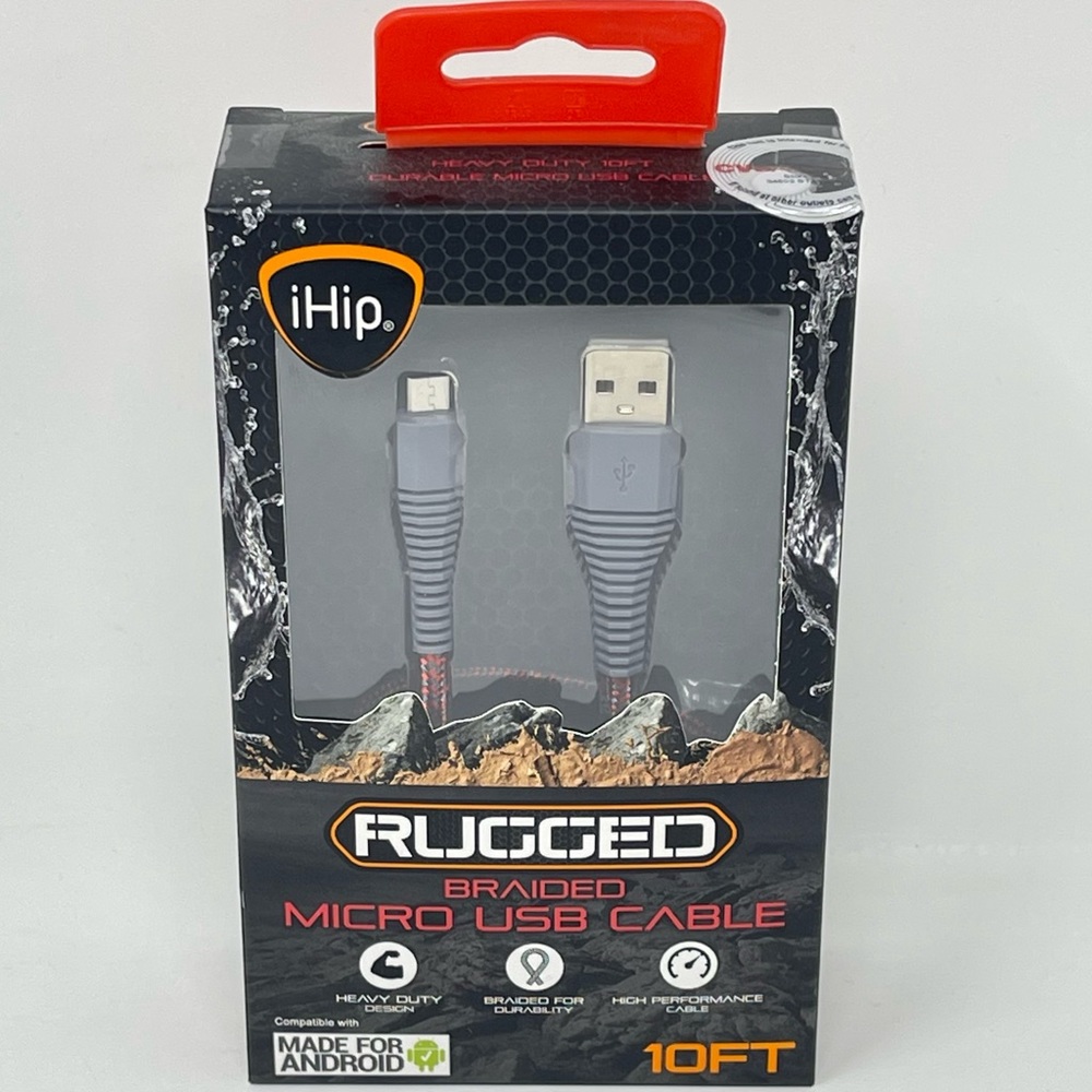 NIB! iHip Rugged Braided Micro USB Cable- Red & Grey Heavy Duty 10 FT Chargin…